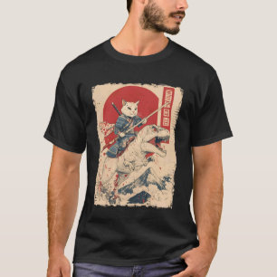 Lustige Katze Reitet T-Rex Japanische Ukiyo-e Kuns T-Shirt