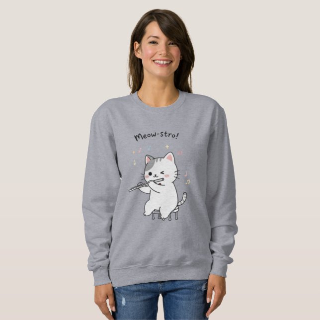 Lustige Katze spielt Flöte Damenmode Sweatshirt (Vorne ganz)