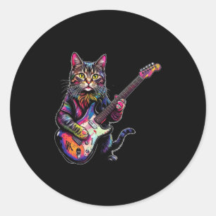 Lustige Katze spielt Gitarre Rock And Roll Geschen Runder Aufkleber