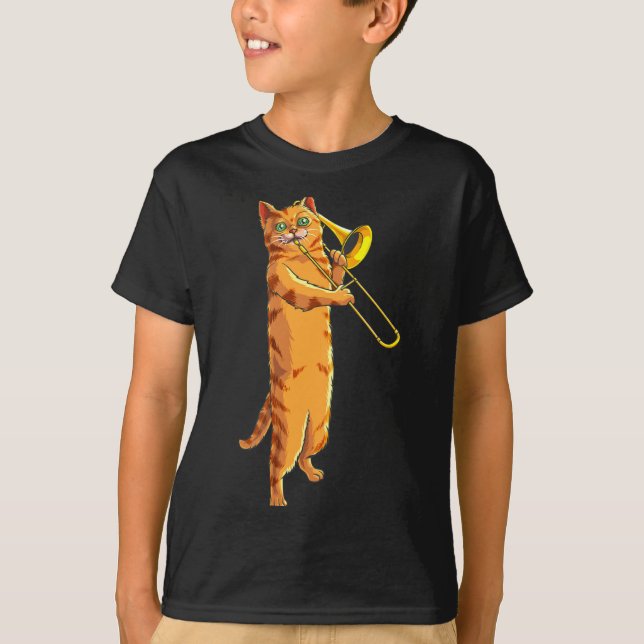 Lustige Katze spielt Posaune Geschenk Coole Katzen T-Shirt (Vorderseite)