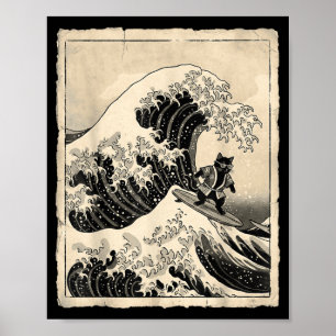 Lustige Katze surft japanische Kunst Katze Anime Poster