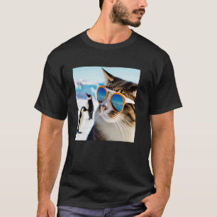 Lustige Katze trägt Sonnenbrille mit Pinguinen in T-Shirt