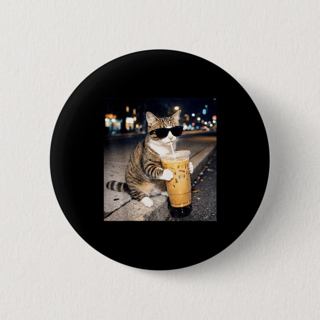 Lustige Katze trinkt Eiskaffee Tier Meme für Männe Button (Vorderseite)