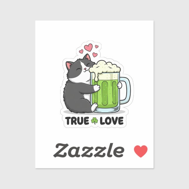 Lustige Katze umarmt grüne Bierkrug-Echte-Liebe-Au Aufkleber (Blatt)