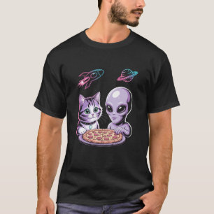 Lustige Katze und Außerirdischer teilen Pizza Welt T-Shirt
