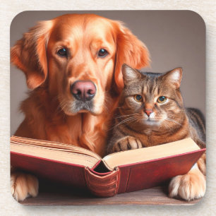 lustige Katze und Hund lesen ein Buch Getränkeuntersetzer