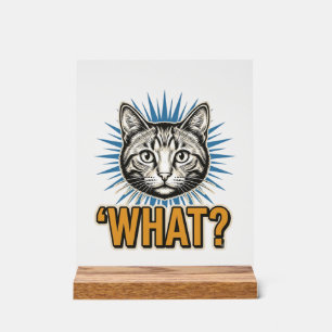 Lustige Katze 'WAS_' Vintage-Stich Grafik-T-Shirt_ Acrylschild