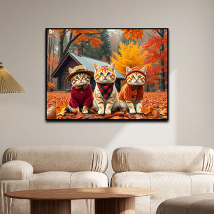 Lustige Katzen in gepflegter Herbstkleidung und Hü Poster