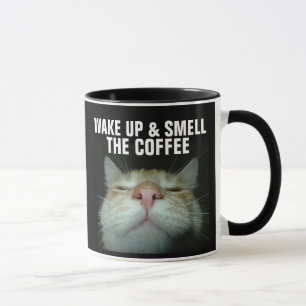 LUSTIGE KATZEN-KAFFEETASSE, WACH AUF & RIECHE AN D TASSE