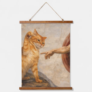 Lustige Katzen-Meme-Kunst: Schöpfung Adams mit Kat Wandteppich Mit Holzrahmen