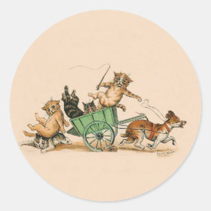 Lustige Katzen und Hund; Süße Vintage-Kunst von Lo Runder Aufkleber