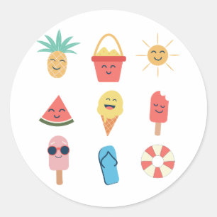 Lustige Kawaii Cartoon Sommer Icons  Runder Aufkleber
