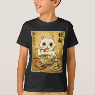 Lustige Kawaii Weiße Katze Ramen Sushi Japanisches T-Shirt