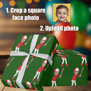 Lustige Kinder Gesicht Foto Baseballspieler Grün Geschenkpapier