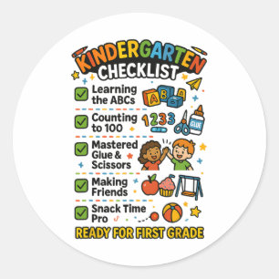 Lustige Kindergarten-Checkliste Erste Klasse Junge Runder Aufkleber