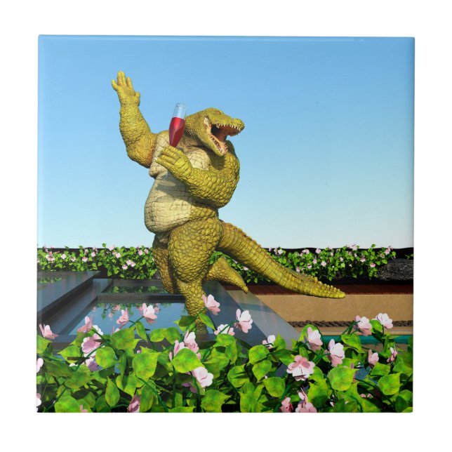 Lustige Krokodil-Champagner-Poolparty-Kunst Fliese (Vorderseite)