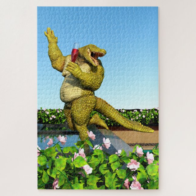 Lustige Krokodil Champagner Poolparty Kunst Puzzle (Vertikal)