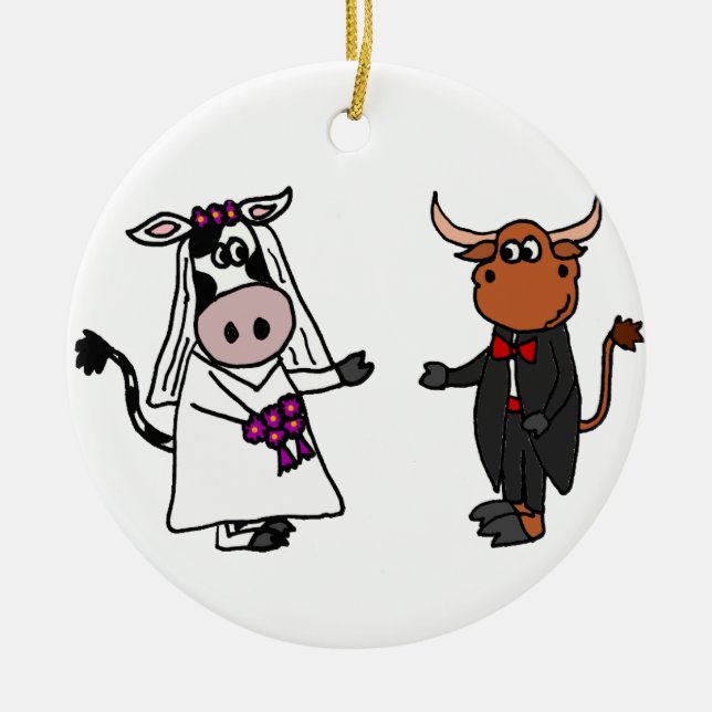 Lustige Kuh und Stier-Hochzeit Keramikornament (Vorne)