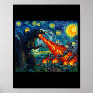 Lustige Kunst japanisches Monster Kaiju in Van Gog Poster