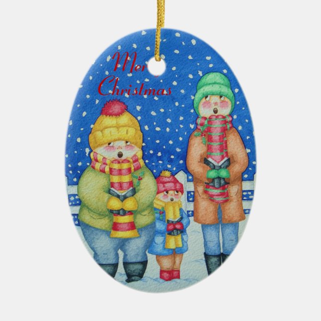 lustige Liedsänger im Schneeweihnachten entwerfen Keramik Ornament (Vorne)