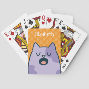 Lustige lila Cartoon-Katze, Namensoption auf Orang Spielkarten