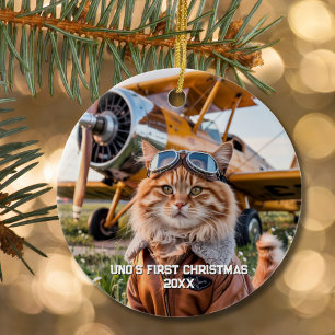 Lustige Luftfahrt-Foto Weihnachten Katzenpilot-Flu Keramik Ornament