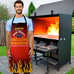 Lustige Mean Grilling Maschine mit Namen und Flamm Schürze