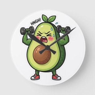 Lustige meditierende Avocado beim Gewichteheben Gy Runde Wanduhr