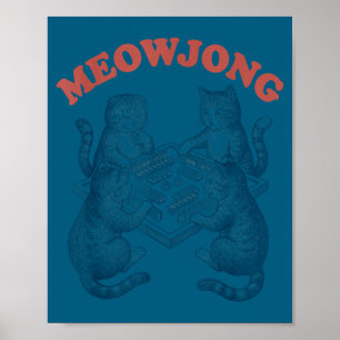 Lustige Meowjong-Katze spielt Mahjong Retro Poster