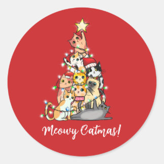 Lustige Meowy Catmas Katzen Weihnachtsbaum Runder Aufkleber