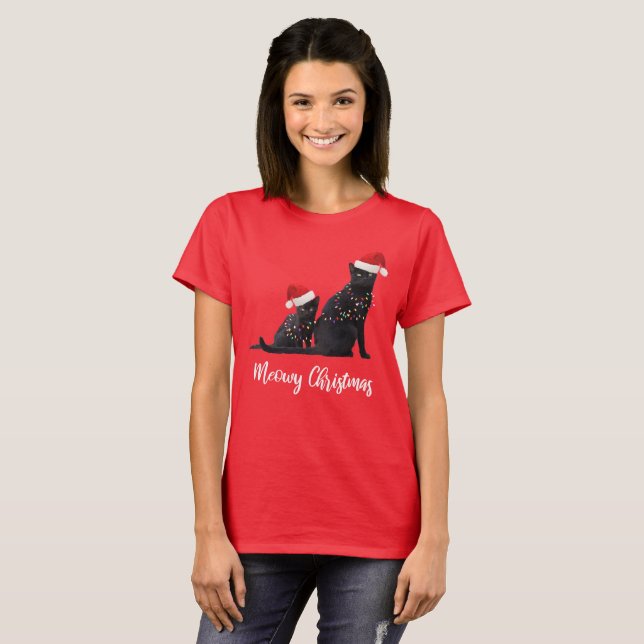 Lustige Meowy Weihnachtsschwarze T-Shirt (Vorne ganz)