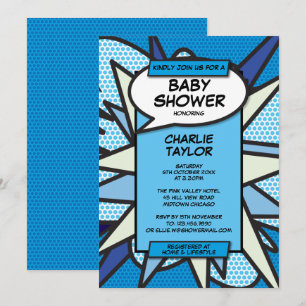 Lustige moderne Babyshower-Junge-blaue Comic Einladung