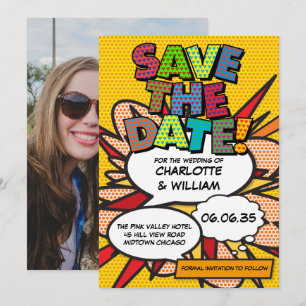 Lustige moderne bunte Comic-Hochzeitsfotos Save The Date