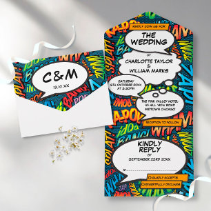 Lustige moderne Comic-Book-Typografie-Hochzeit All In One Einladung