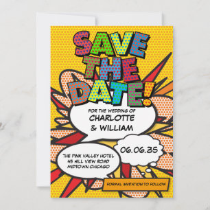Lustige moderne farbenfrohe Comic-Hochzeit Save The Date