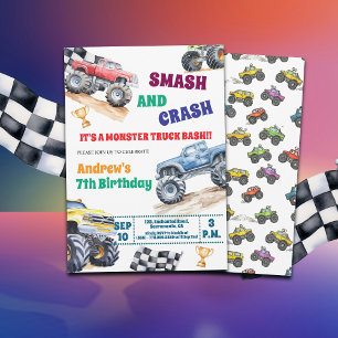 Lustige Monster-Trucks 7. Geburtstagseinladung Einladung