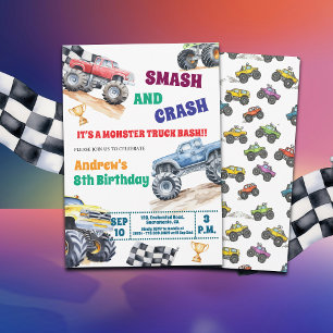 Lustige Monster-Trucks 8. Geburtstagseinladung Einladung