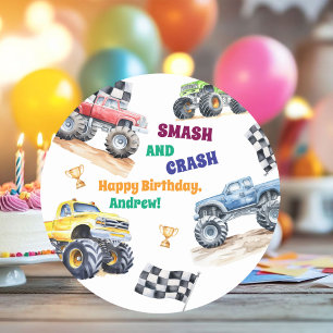 Lustige Monster-Trucks-Geburtstagsfeier Runder Aufkleber