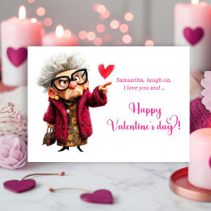Lustige mürrische Dame macht Gesichter Valentinsta Feiertagskarte