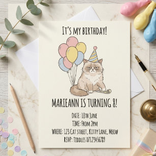 Lustige mürrische Katze Pastell Ballons Geburtstag Einladung