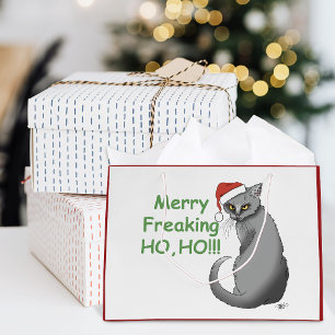 Lustige mürrische Weihnachten Graue Katze Feiertag Große Geschenktüte
