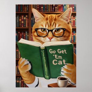 Lustige niedliche lesende Katze Kunst Kaffee Tabby Poster