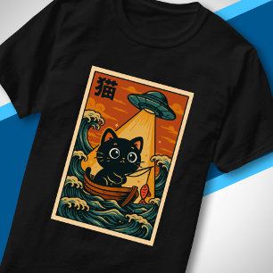 Lustige niedliche UFO-Angelkatze Retro-Japanische- T-Shirt