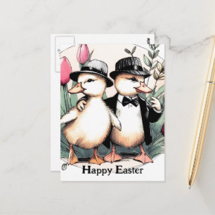 Lustige niedliche Vintage-Osterküken in Anzügen Postkarte
