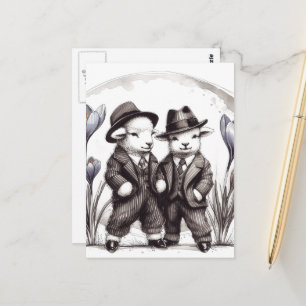 Lustige niedliche Vintage-Osterlämmer in Anzügen Postkarte