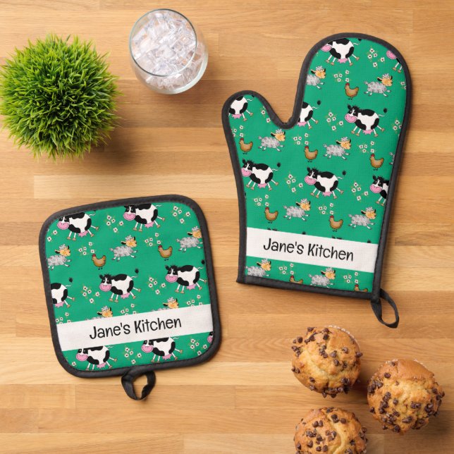 lustige Nutztiere (Name) Ofenhandschuh & Topflappen-Set (Oben Unten)