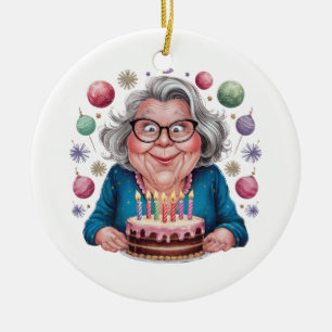 Lustige Oma, die auf Geburtstagskuchen schaut Keramik Ornament