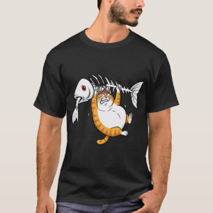 Lustige orange Katze trägt Fischskelett Cartoon Cu T-Shirt