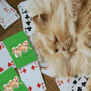 Lustige Orange Tabby-Katze spielt Solitär-Karten Spielkarten