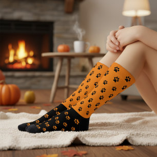 Lustige orange und schwarze Pfotenabdruck-Socken Socken